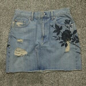 Rag & Bone Jean Skirt Womens 25 Blue Denim Distressed Embroidered Floral USA‎